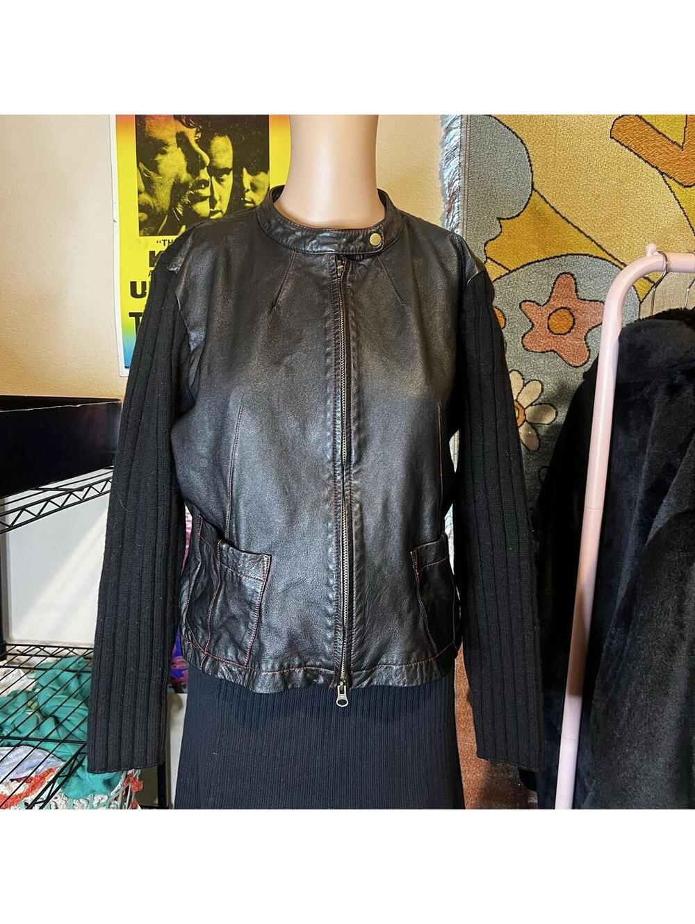Vintage Twiggy Leather + Wool Black Motorcycle Jacket